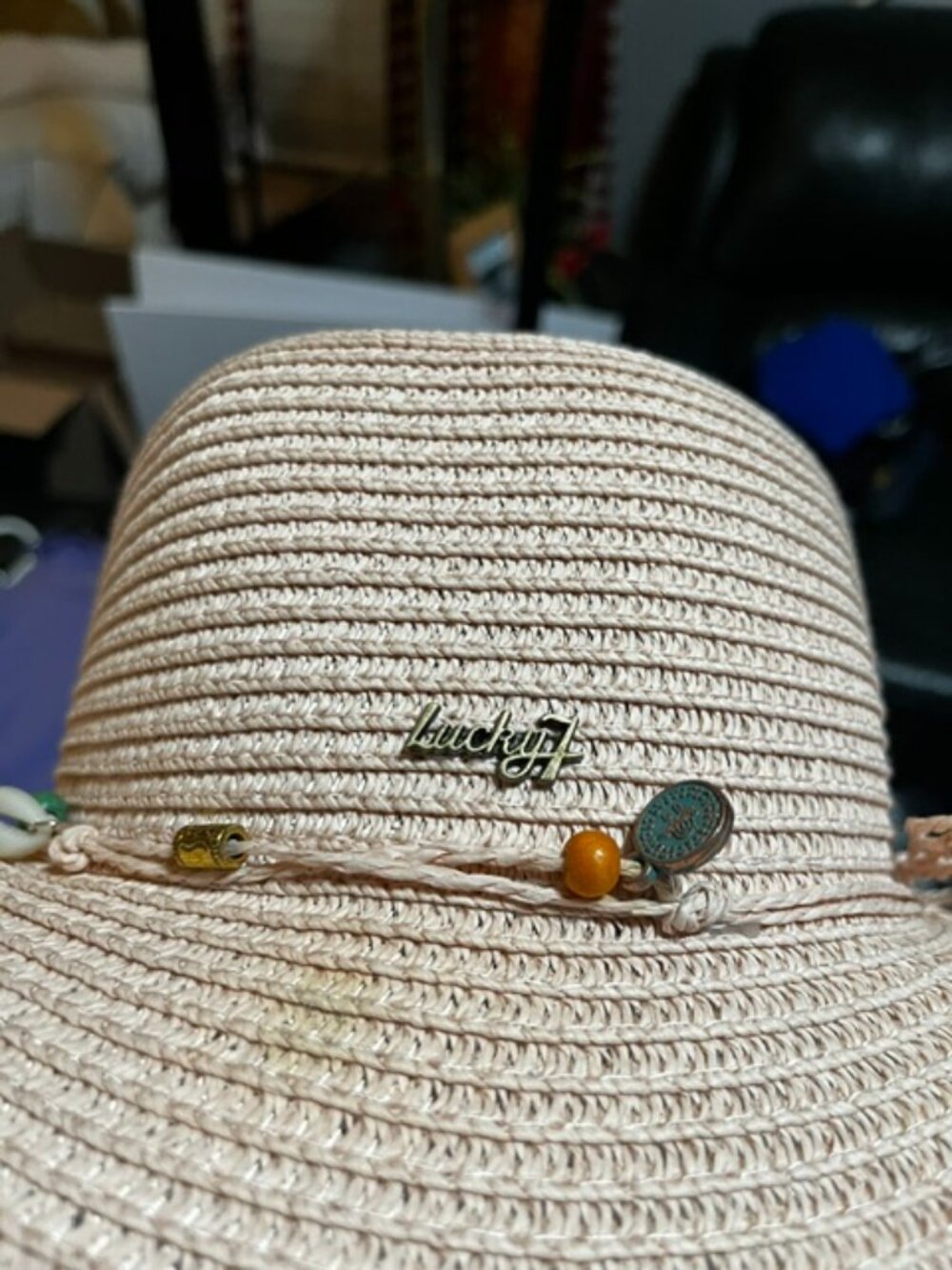 Lucky 7 USA Floppy Beach Hat With Charms/Shells Trimmed Rope Ribbon
